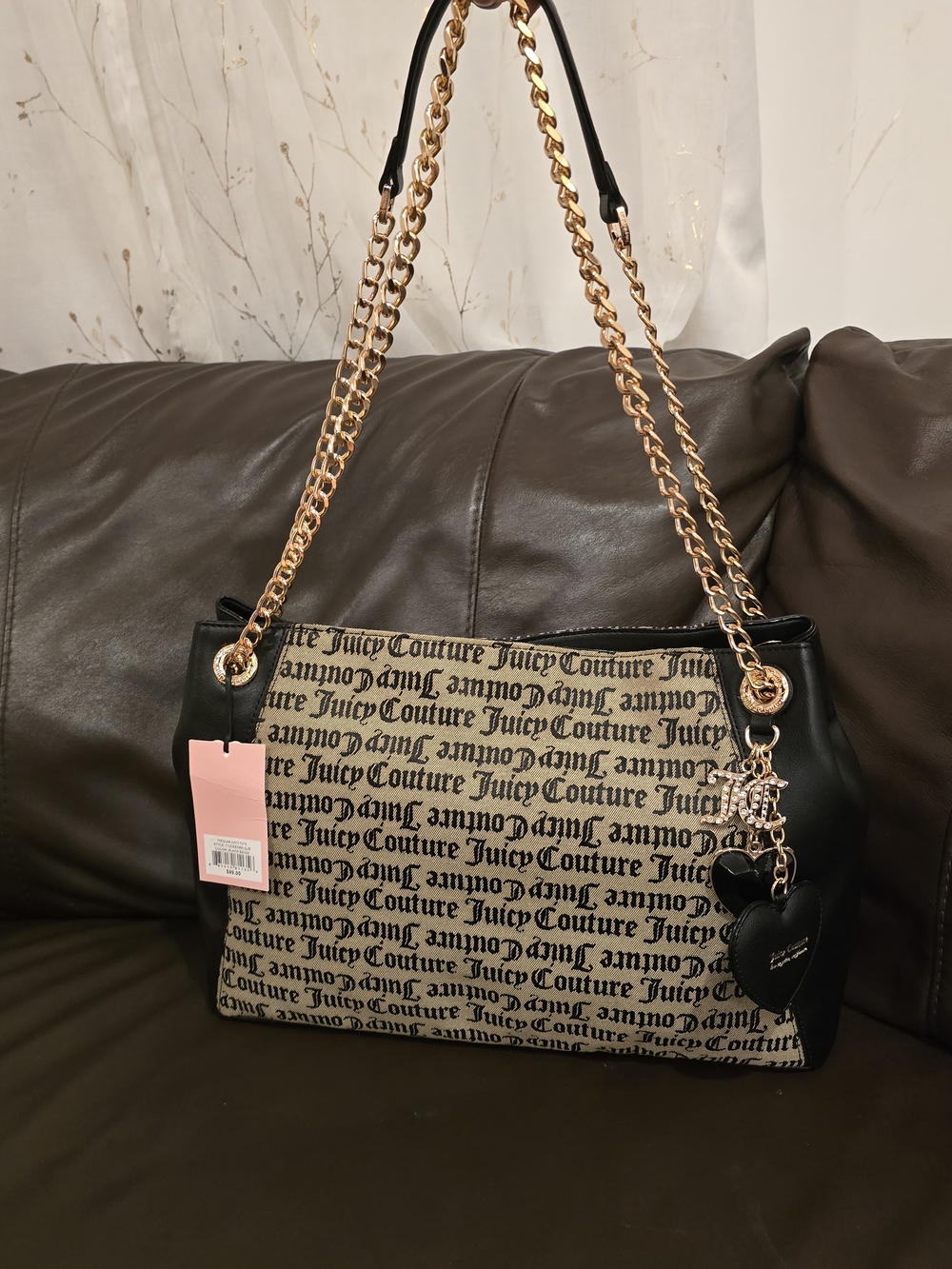 Juicy Couture Black and Beige Logo Tote with Gold Chain Straps